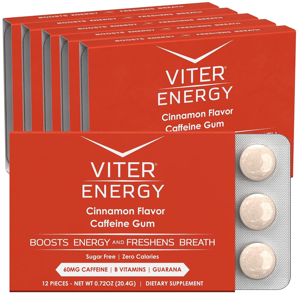 Vitre énergie Gum caféiné 60mg caféine, B vitamines, Guarana, sans sucre. (Cannelle, 12pcs, 6 Pack)