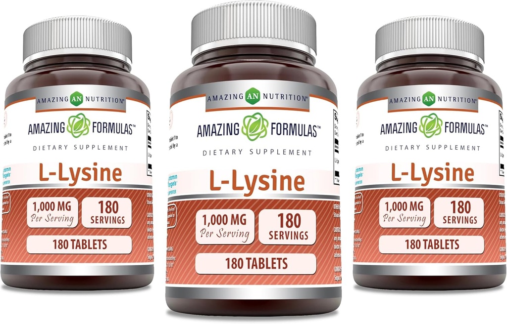 Formules étonnantes L-Lysine 1000mg Acid Comprimés Suppléments Amino (non-OGM) Sans gluten (Fabriqué aux États-Unis)