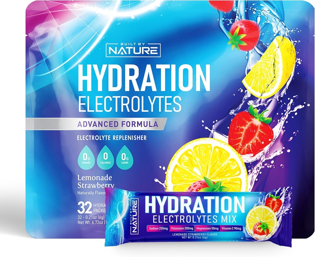 Packs d'hydratation en poudre d'électrolytes – Mélange de boisson de récupération avec du sodium, du potassium, du magnésium, du calcium, de la vitamine C et du zinc – sans sucre, kéto, non OGM et végétalien – citronade aux fraises – 32 bâtons