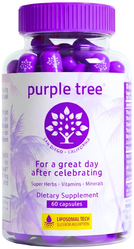 Pourpre arbre post-célébration complément de bien-être , Dihydromyricétine liposomique (DHM), L-Glutathion, Thistle de lait pour le soutien du foie et l'hydratation , Électrolytes, B Vitamines, Saule Barque 60 Capsules