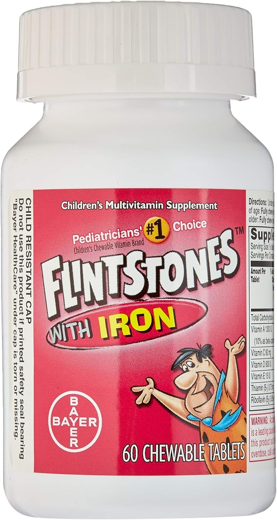 Flintstone Vit W/Iro Taille 60s Flintstones Enfants Supplément multivitamines W/ Iron Tablettes à croquer 60 Ct (paquet de 2)