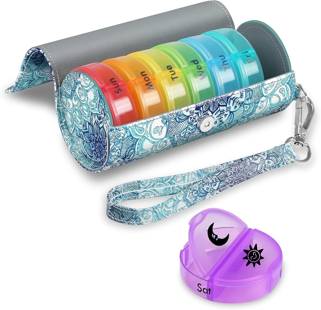 Organisateur de pilules FINPAC 2 fois par jour, grande boîte hebdomadaire de pilules PM avec étui en cuir PU pour 7 jours de soins médicamenteux, distributeur de vitamines rond et supports (Illusions émeraudes)