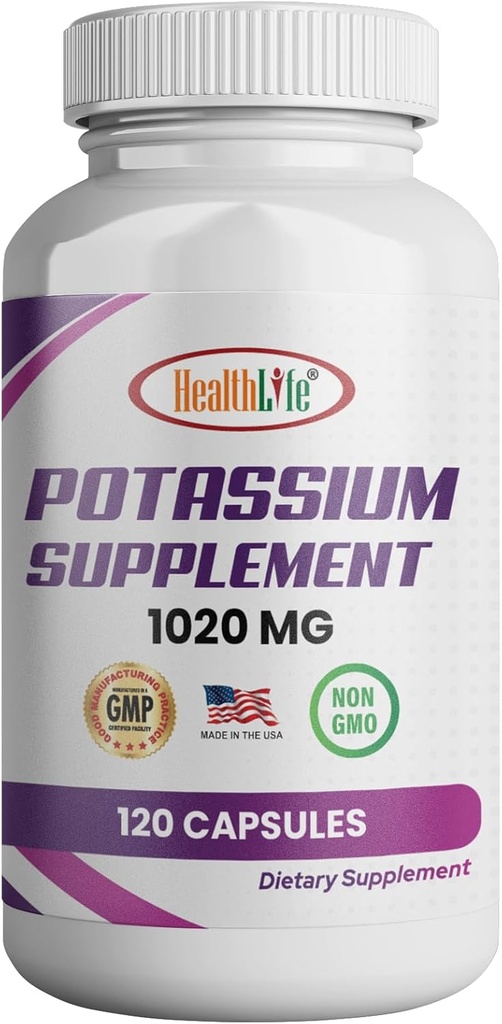 Supplément potassique HealthLife, 1020 mg,60 portions, 120 capsules, bicarbonate de potassium