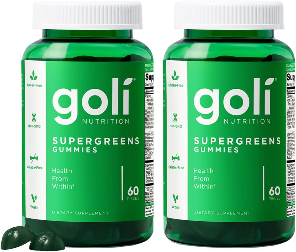 Goli SuperGreens Vitamine Gummy - 120 Compte - Vitamines essentielles et minéraux - à base végétale, végétalien, sans gluten et sans gélatine - Santé de l'intérieur, boîte de 2