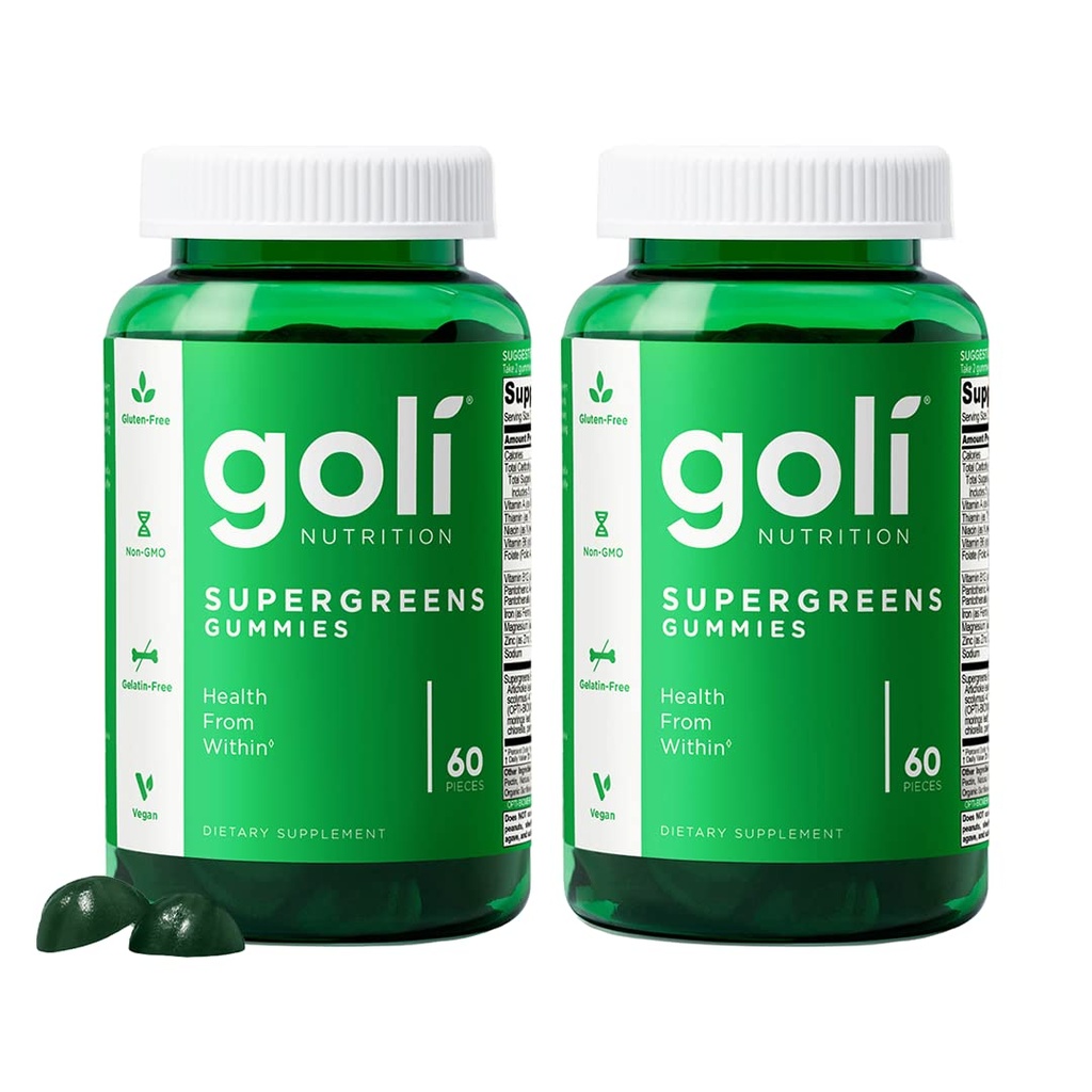 Goli SuperGreens Vitamine Gummy - 120 Compte - Vitamines essentielles et minéraux - à base végétale, végétalien, sans gluten et sans gélatine - Santé de l'intérieur, boîte de 2