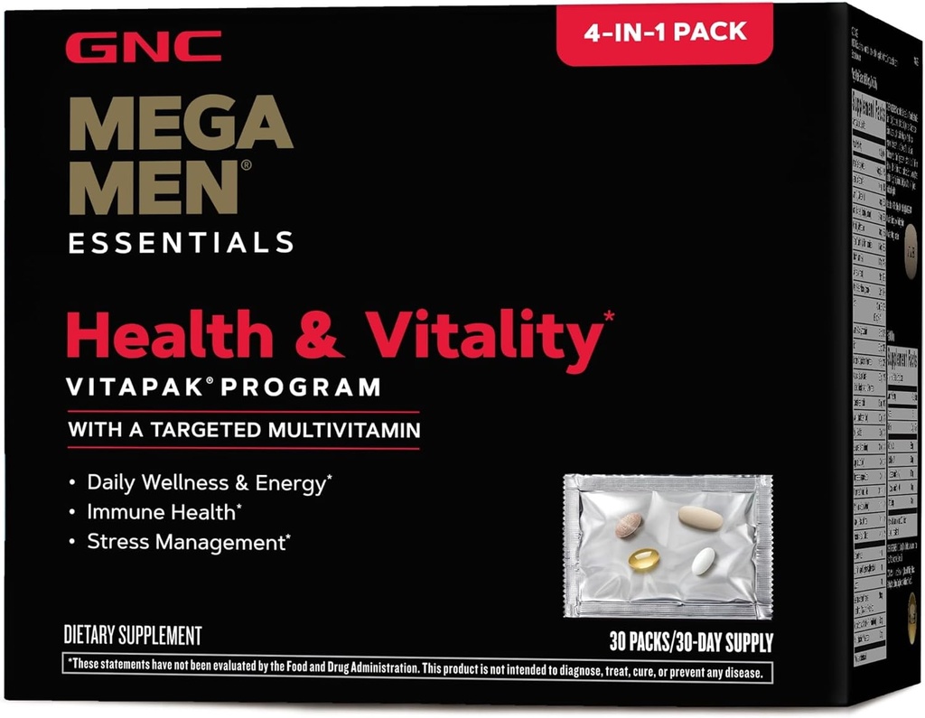 GNC Mega Men Health & Vitalité Vitapak, 30 packs quotidiens, 4-en-1 Programme quotidien complet de multivitamines et de nutrition pour les hommes