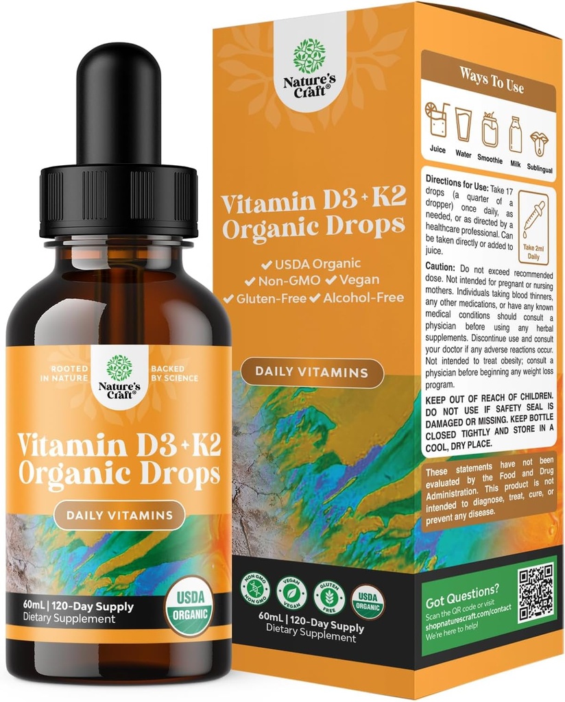 Natures Artisanat Vitamine liquide D3 avec K2 pour les adultes - Gouttes organiques 2000UI par service Vegan Bone Muscle Heart & Immune Support Huile MCT Absorption améliorée