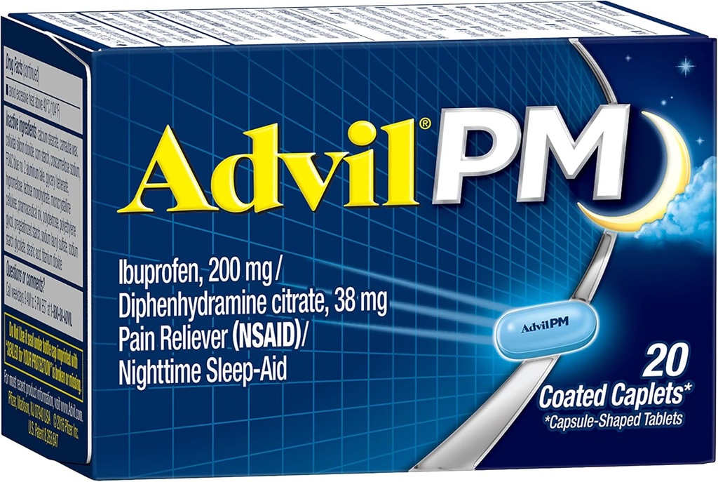 Advil PM Pain Reliever And Nighttime Sleep Aid, Pain Medicine With Ibuprofen For Pain Relief And Diphenhydramine Citrate For A Sleep Aid - 20 Coated Caplets
