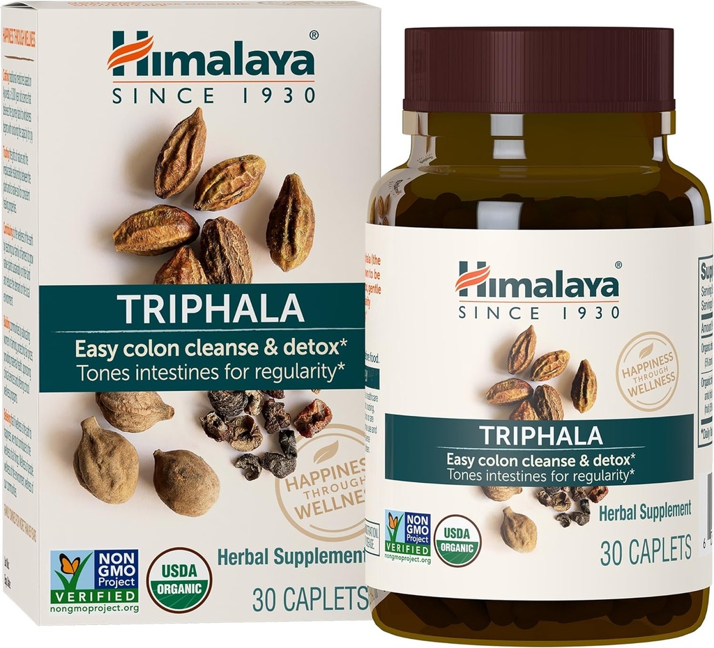 Himalaya Triphala biologique - Supplément de santé digestif pour le nettoyage des colonies et le dégel occasionnel et le soulagement de la constipation - USDA biologique, végétalien, non-OGM, sans gluten, 688 mg, 30 Caplets