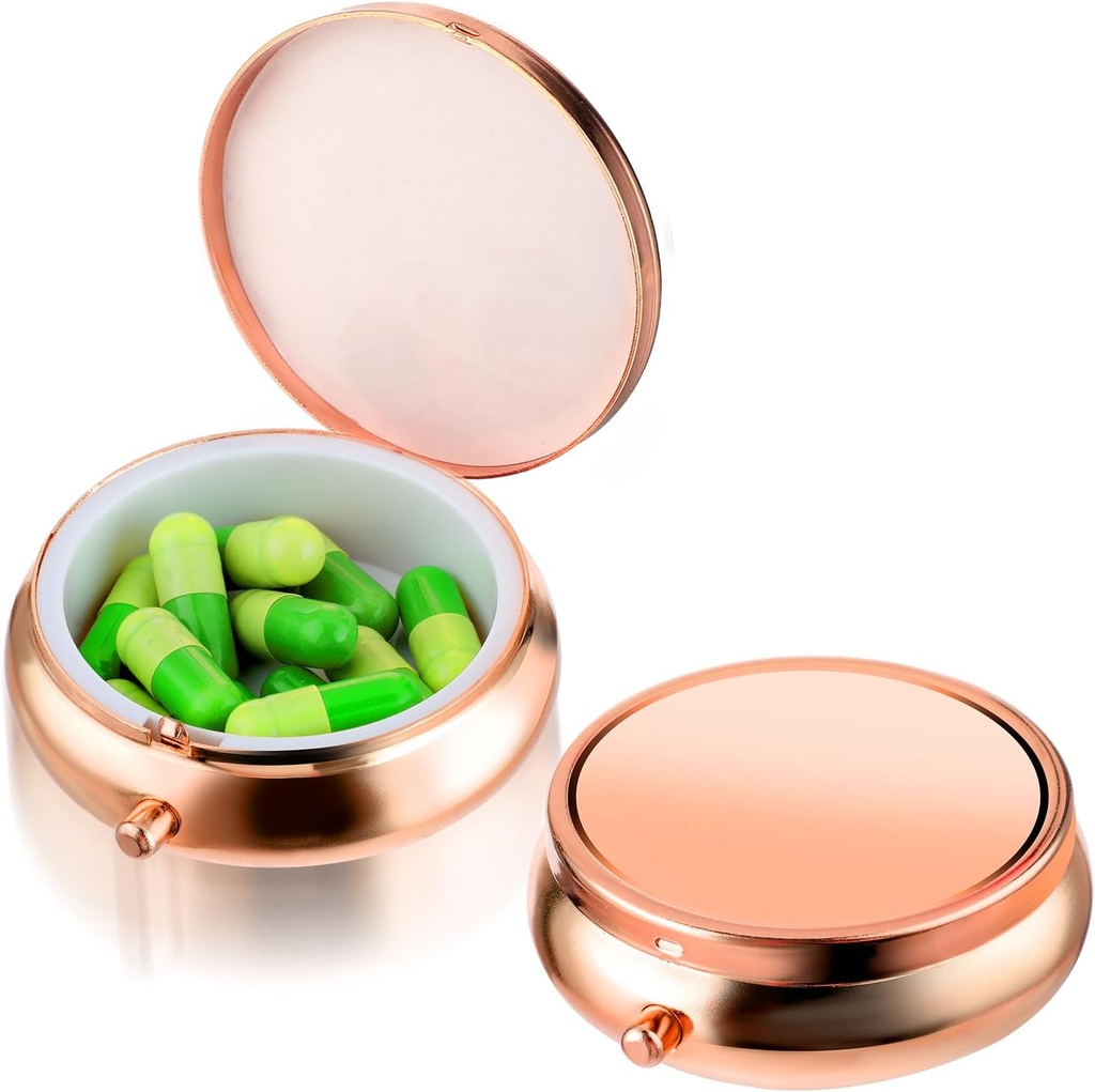 Pill Box Cute Small Pill Box for Purse & Pocket Medicine Organizer Travel Pillbox Waterproof Pill Case Metal Pill Container Holder for Vitamins, Fish Oil, Supplements (Rosegold)