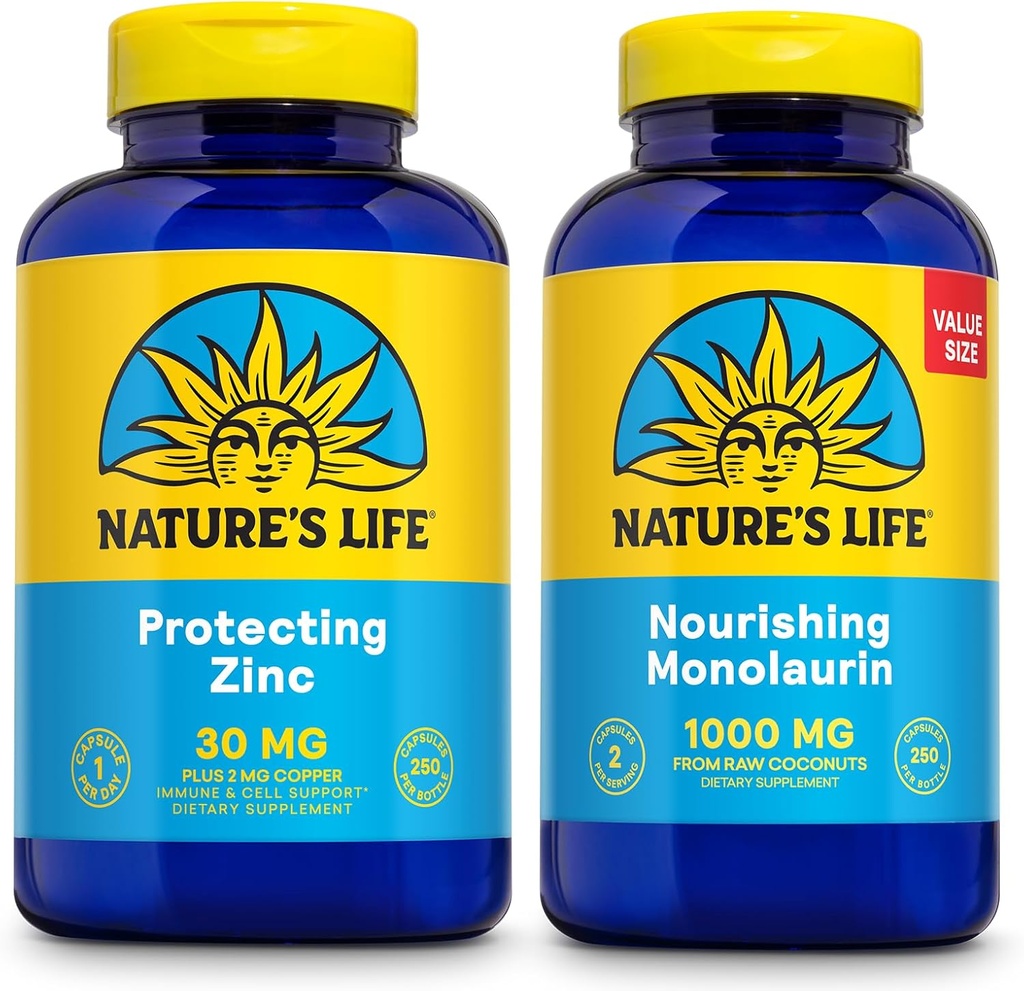 Nature's Life Nourishing Monolaurin 1000mg 250ct and Protecting Zinc Picolinate 30mg 250ct - Gut Health and Immune Support Supplements - Monolaurin from Raw Coconuts, Chelated Zinc - 60-Day Guarantee