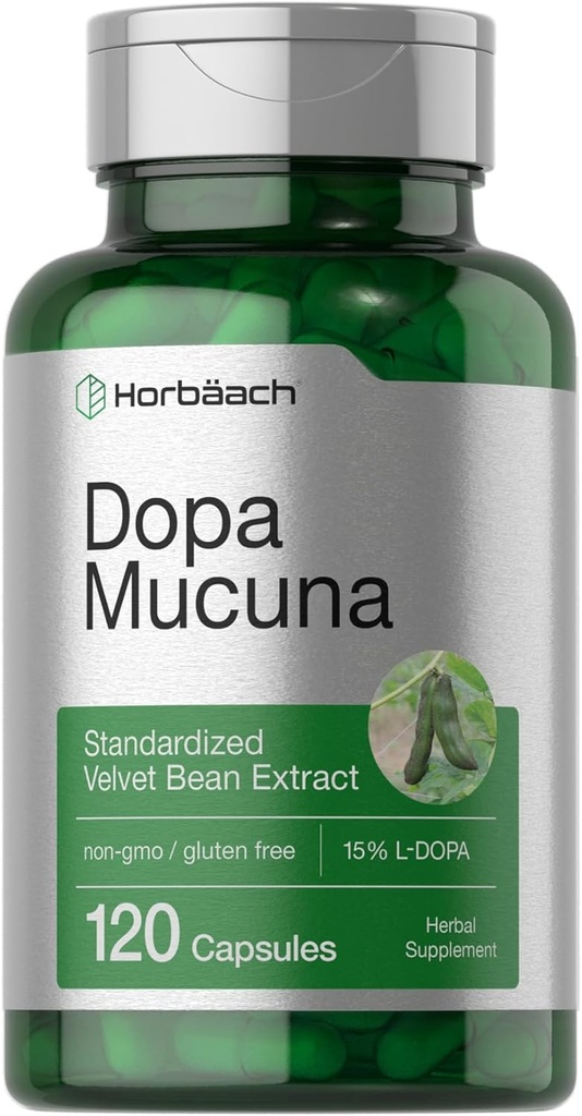 Horbäach Dopa Mucuna Supplément de 120 capsules Extrait de fèves de velours 15 % L-Dopa