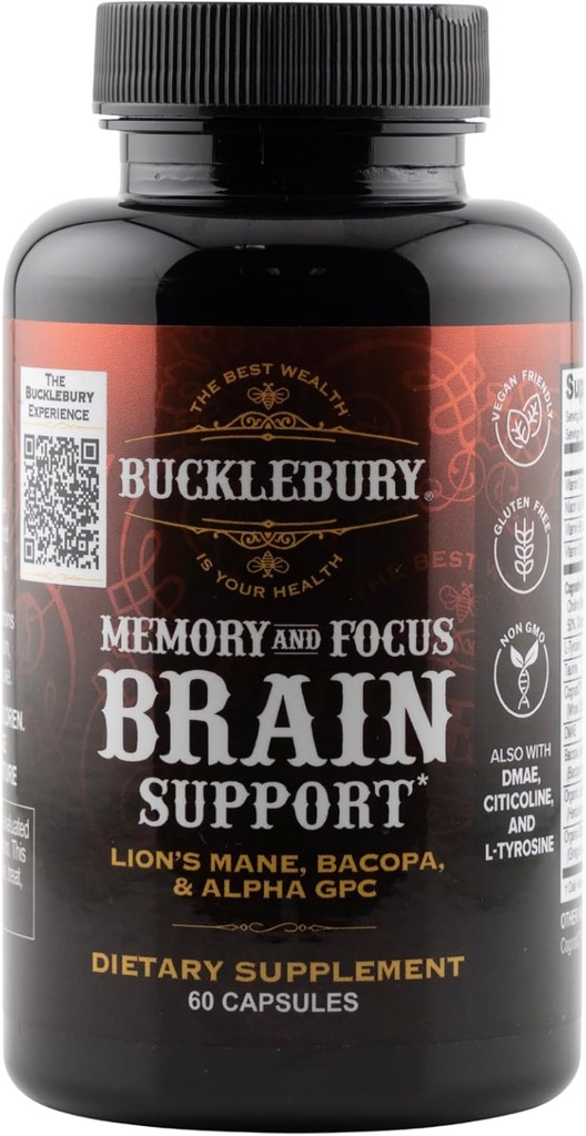 BUCKLEBURY Suppléments Cerveau et Mémoire avec Bacopa & Alpha GPC - Capsules Cerveau Nootropiques pour Support Cognitif, Focus & Clarté Mental - Mémoire et Pills Focus pour Femmes et Hommes - Vegan 60 Capsules