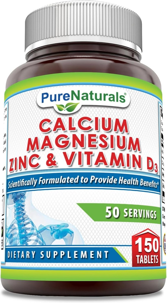 Pure Naturals Calcium Magnésium Zinc Vitamine D3 Supplément de calcium 1000mg, Magnésium 400mg, Zinc 25mg, Vitamine D3 600 UI Sans OGM (150 comprimés)