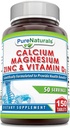 Pure Naturals Calcium Magnésium Zinc Vitamine D3 Supplément de calcium 1000mg, Magnésium 400mg, Zinc 25mg, Vitamine D3 600 UI Sans OGM (150 comprimés)