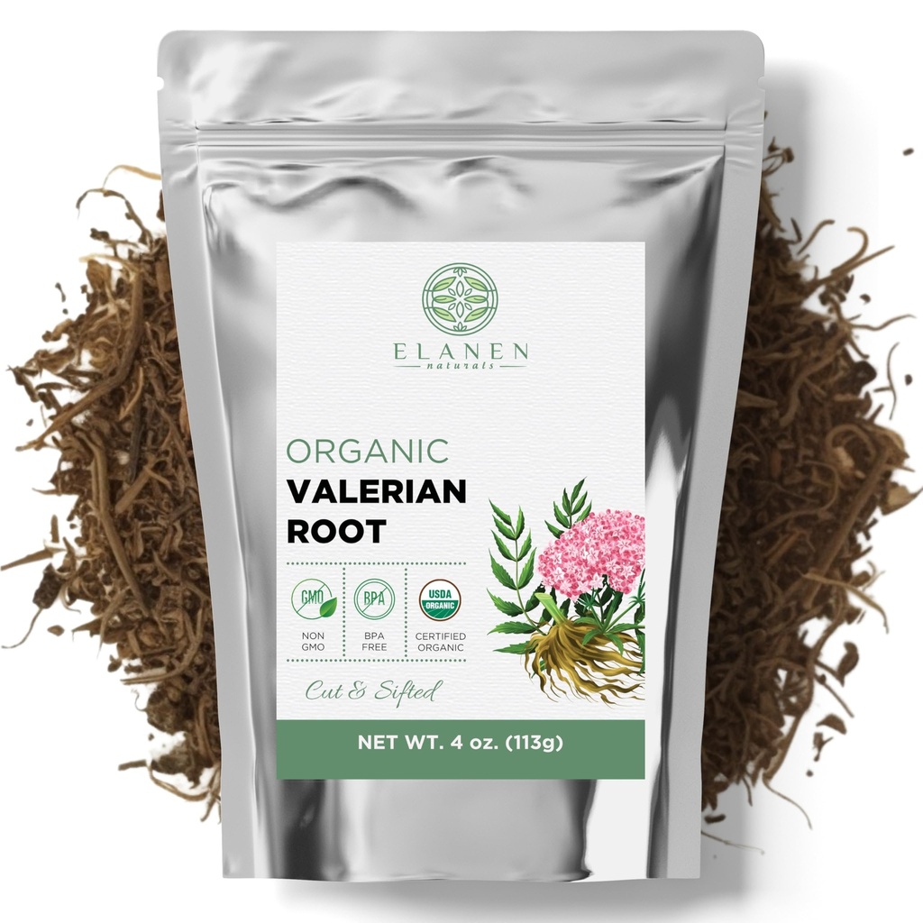Elanen Naturals Organic Valerian Root 4 oz. (113g), USDA Certified Organic Valerian Root Herb Tea, Te De Valeriana Para Dormir, Valarian Officinalis Feuille entière, coupée et tamisée