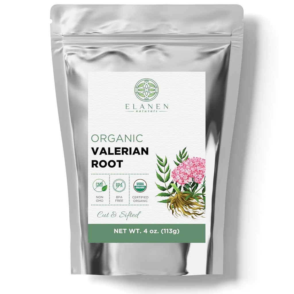 Elanen Naturals Organic Valerian Root 4 oz. (113g), USDA Certified Organic Valerian Root Herb Tea, Te De Valeriana Para Dormir, Valarian Officinalis Feuille entière, coupée et tamisée