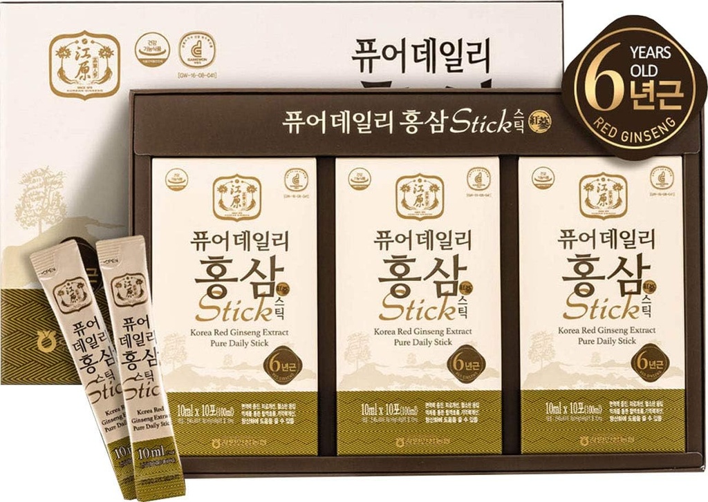 Gangwoninsam] Extrait de ginseng rouge coréen Pure Daily Stick 30 Compte – contient 6 ans Extrait de ginseng rouge coréen, aliments coréens, emballés individuellement, 0,35 fl. oz (10ml), 3 X 10-Count Box