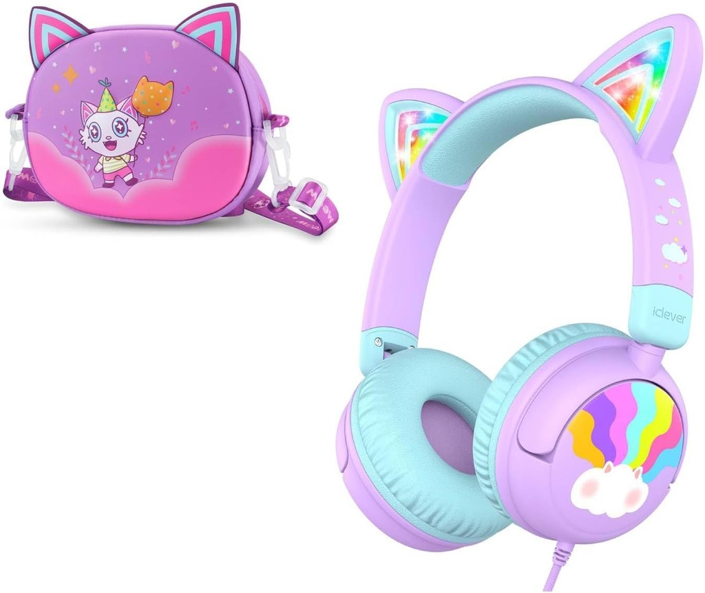 iClever écouteurs filaires enfants Cat Ear Meow Lollipop & écouteurs boîtiers