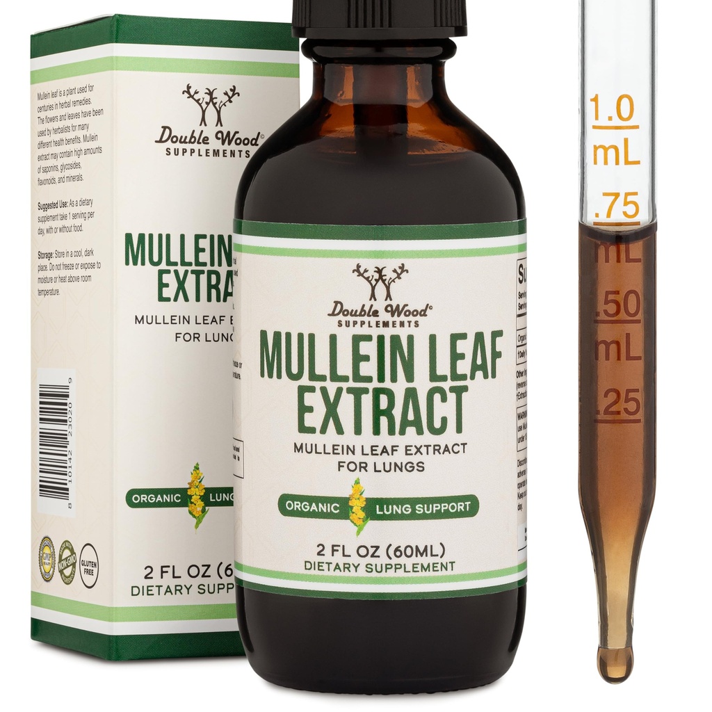 Suppléments en double bois Gouttes de feuilles de Mullein pour poumons, 2 FL OZ (60 portions), soutient la santé pulmonaire et respiratoire (meilleure absorption que les capsules)