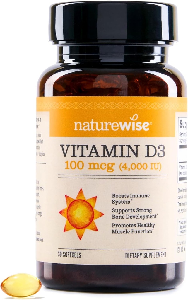 NatureWise Vitamine D3 4000iu (100 mcg) 30 jours pour le soutien immunitaire, la fonction musculaire saine et la santé des os - Non-OGM, sans gluten dans l'huile d'olive extra vierge biologique, (Mini Softgel), 30 comtes