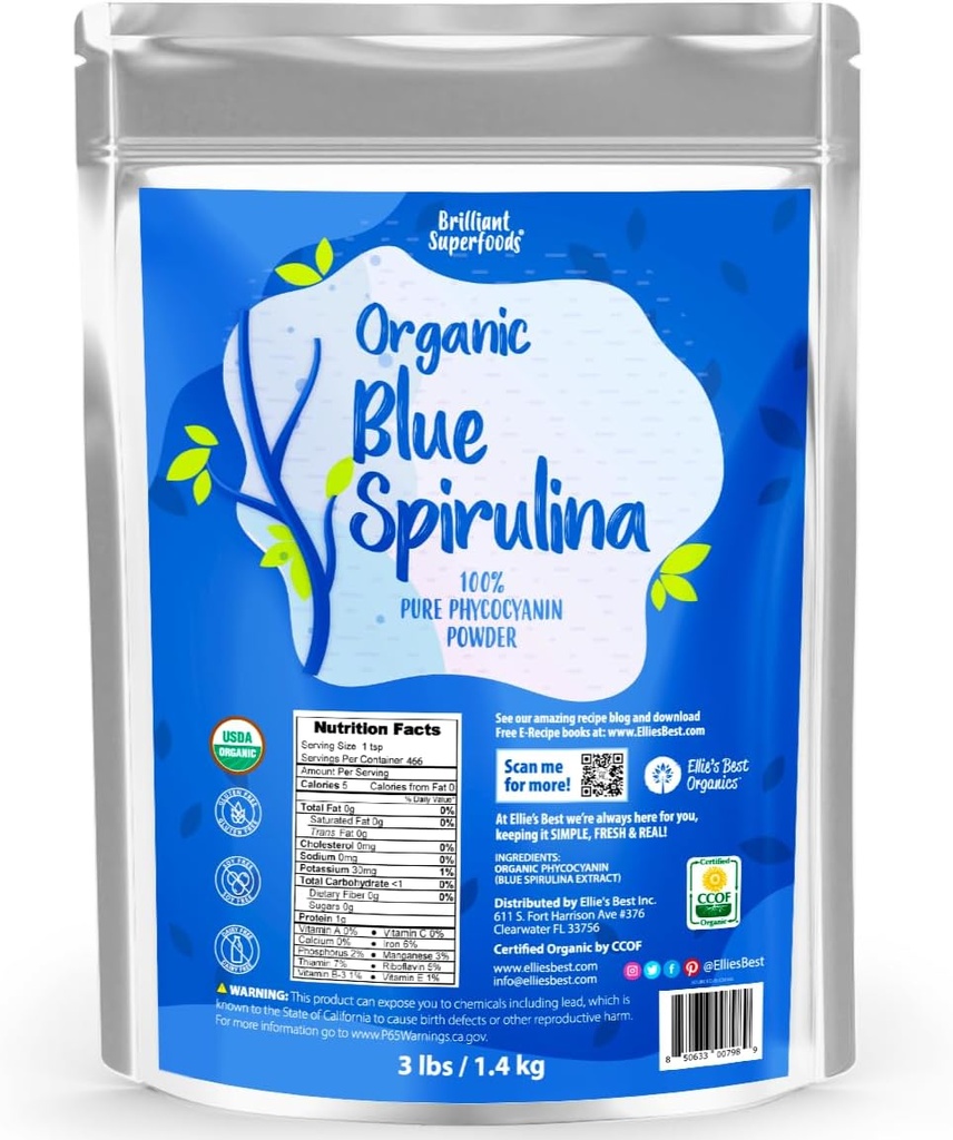 Le meilleur supplément bio en poudre de spiruline bleue - Sans odeur - Bulque 3LB - Vegan, non OGM, sans gluten, sans lait, bleu brillant Coloration - eau pure extraite