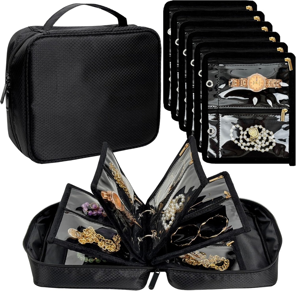 Bijoux de voyage Housse d'organisateur, Sacs à bijoux pour voyager, Binder de bijoux avec 24 Pcs de fermeture à glissière claire pour le stockage des boucles d'oreilles, Anneaux, Collier, Bracelet, Montre (noir)