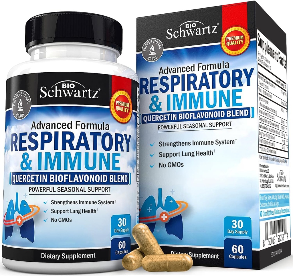 Supplément de soutien respiratoire et immunitaire avec Quercetin, Vitamine D & Cordyceps, aide à apaiser les tissus respiratoires tout en maintenant le mucus, Vitamines de santé pulmonaire pour les femmes et les hommes, 60 capsules