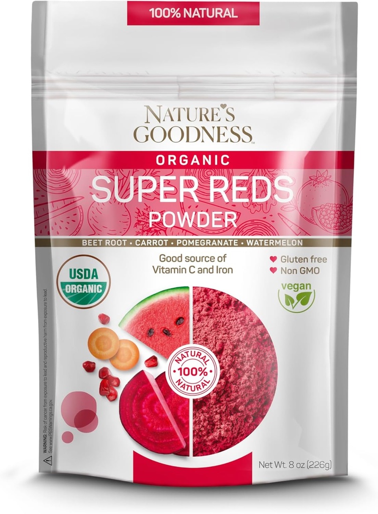 La Bonneté de la nature Super Rouges Poudre avec racine de betterave, carotte, grenade et pastèque - Antioxydant Riche Superfood pour l'énergie, la santé cardiaque et la désintoxication – 16 portions (8 oz)