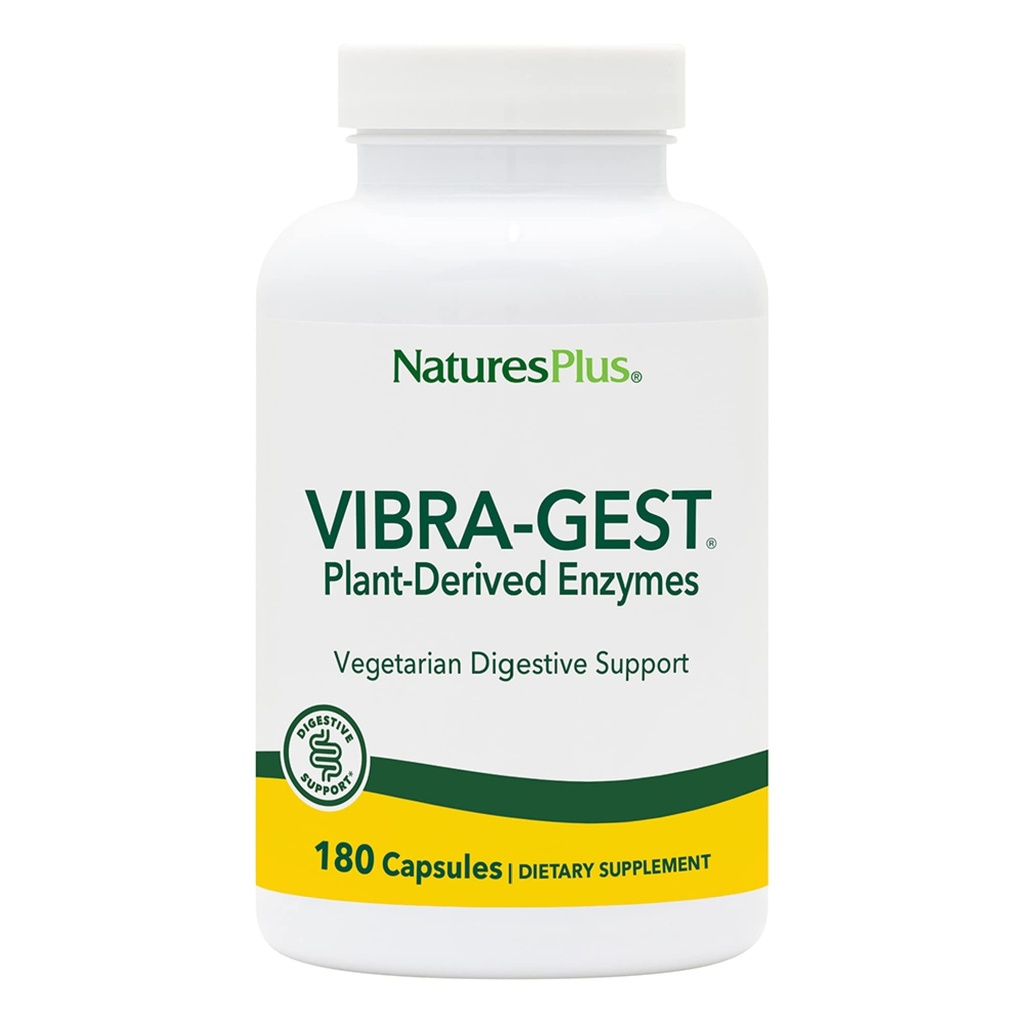 Natures Plus Vibra-Gest - 180 capsules - Supplément de soutien digestif végétarien avec probiotiques, enzymes de fruits et légumes vivants - Cultures vivantes naturelles - 180 portions