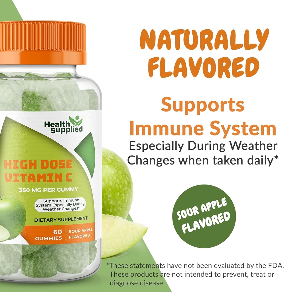 Sour Apple Flavored Vitamin C Gummies Mega Dose - 1050 mg Vitamin C - Boosts Immune System and Supports Heart Health - Great Tasting and Easy to Swallow