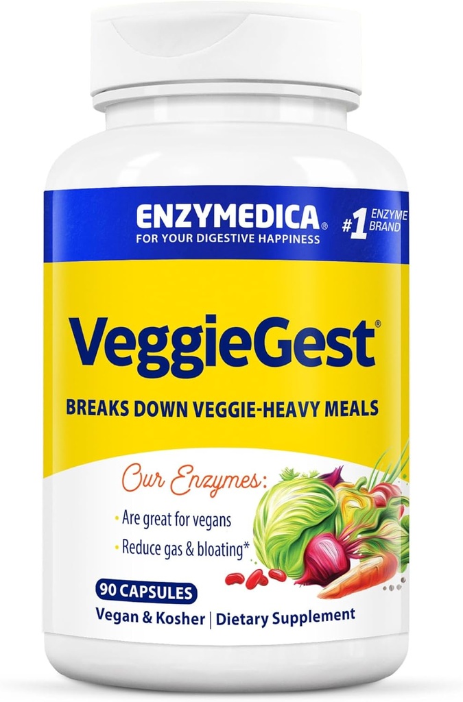 Enzymedica, VeggieGest, Enzymes digestifs, soutient le gaz occasionnel et le dégel des repas à haute fibre, pour les régimes végétaliens et végétariens, mélange enzymatique pour la santé digestive, 90 comte
