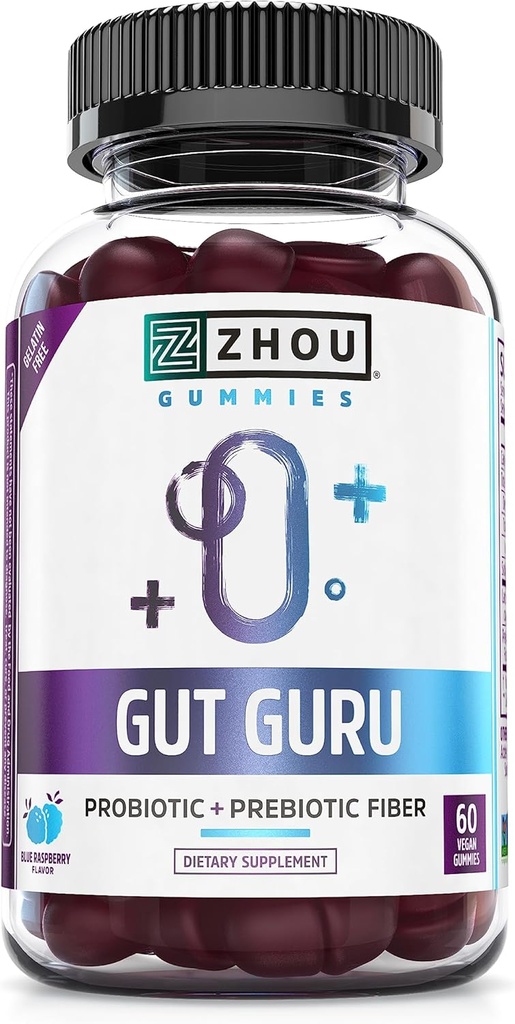 Zhou Gut Guru - Gummies de santé Gut pour les hommes et les femmes, Supplément de fibre prébiotique et probiotique pour la digestion et la santé Gut - 60 Gummies végétaliens