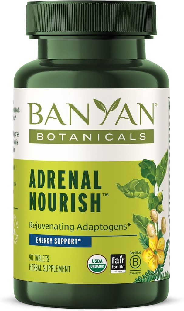 Banyan Botanicals Adrénal Nourish – Supplément Adaptogène Organique - Support Adrénal pour l'énergie naturelle avec l'Ashwagandha biologique, Gokshura & Guduchi* – 90 comprimés – Non-OGM, source durable, végétalien