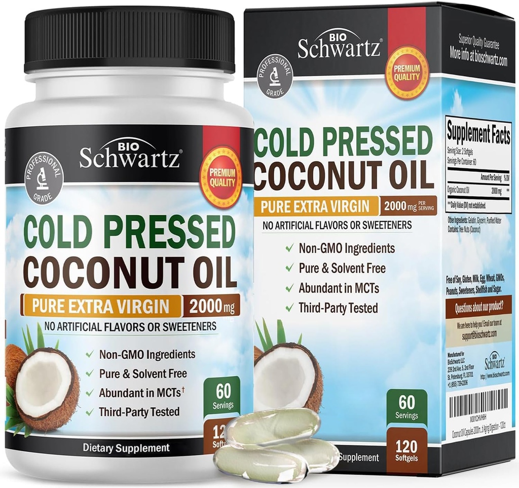 Capsules d'huile de coco 2000mg - Bio Pure Extra Virgin Cold Pressed MCT Riche et non-OGM pour ongles de peau sains Soutien de croissance des cheveux Bloating Anti Vieillissement Digestion - 120ct (2 mois d'approvisionnement)