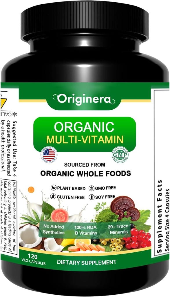 Complément alimentaire bio complet, Multi-vitamine: Immune, Soutien du cerveau et du cœur avec Prébiotiques et Postbiotiques. Sans gluten et sans soja - 120 capsules d'origine végétale