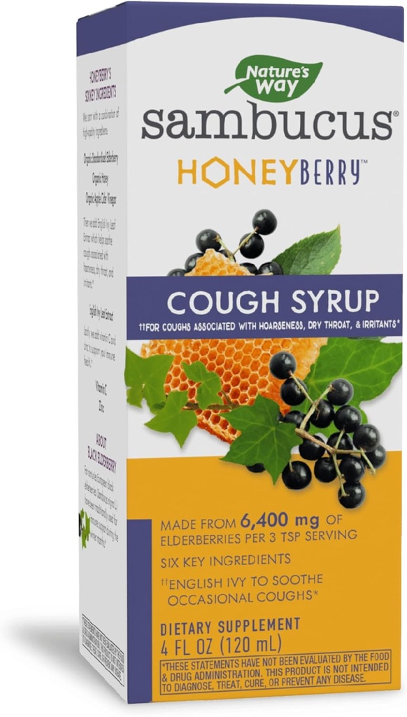 Nature's Way Sambucus HoneyBerry Cough Sirop with Black Elderberry Extract & Organic Honey, Immune Support*, 4 Fl. Oz