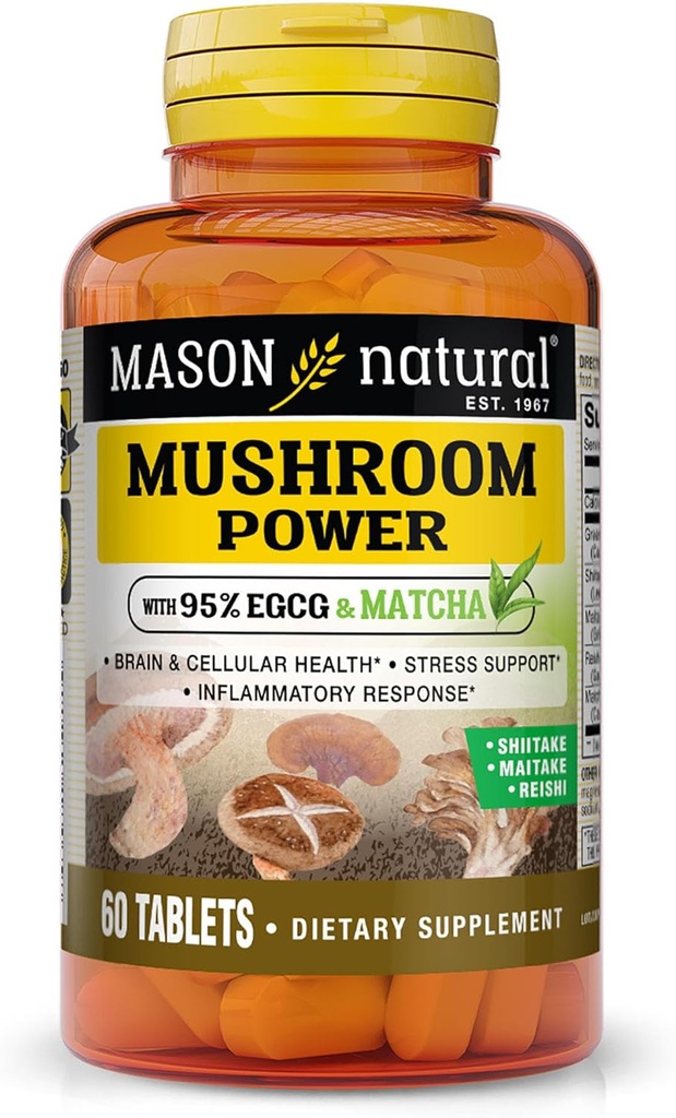 MASON NATURAL Mushroom Power with 95% EGCG and Matcha, Plant-Based Formula with Shiitake, Maitake, Reishi, 60 Tablets