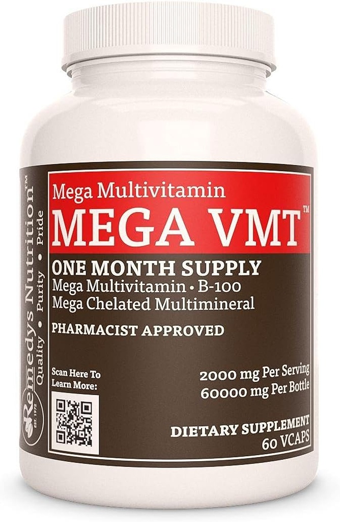 Remèdes Nutrition Mega VMT. Multivitamine quotidienne 1.000 mg, 60 capsules végétaliennes complément alimentaire avec des herbes.