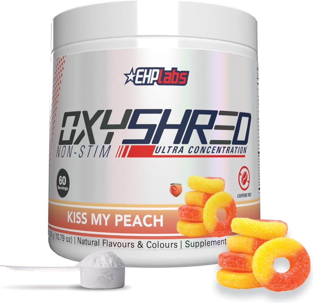 EHP Labs OxyShred Non Stimulant Pre Workout Powder - Stim Free Pre Workout, Caffeine Free Preworkout pour les hommes et les femmes avec L Glutamine et acétyl L Carnitine - Peach, 60 portions