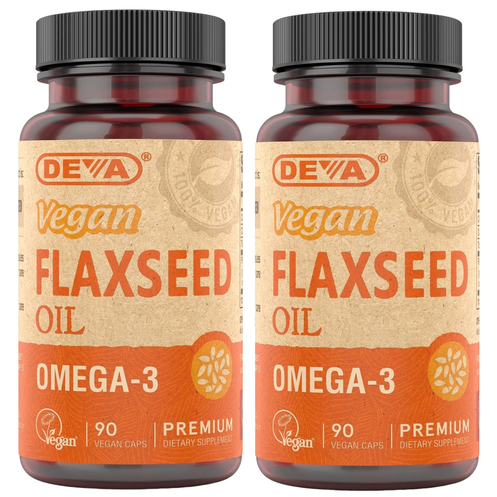 DEVA Vitamines végétales organiques Huile de graines de lin - Riche en oméga-3, pressé à froid et non raffiné - 90 capsules, 2-pack
