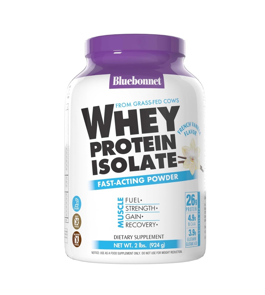 BlueBonnet Nutrition Whey Protéine Isolée Poudre de vache herbeuse, 26g de protéines, Pas de sucre ajouté, sans gluten et sans soja, casher Dairy, 2 Lbs, 28 portions, Vanille française
