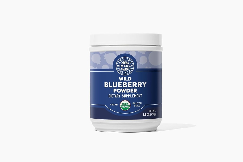 Poudre de bleuet sauvage Vimergy – protège la santé du cerveau* - soutient la fonction cardiovasculaire* – biologique, végétalienne et sans gluten – taille régulière 250g