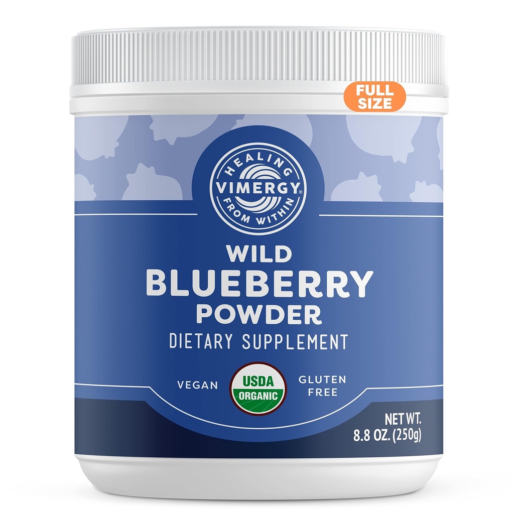 Poudre de bleuet sauvage Vimergy – protège la santé du cerveau* - soutient la fonction cardiovasculaire* – biologique, végétalienne et sans gluten – taille régulière 250g