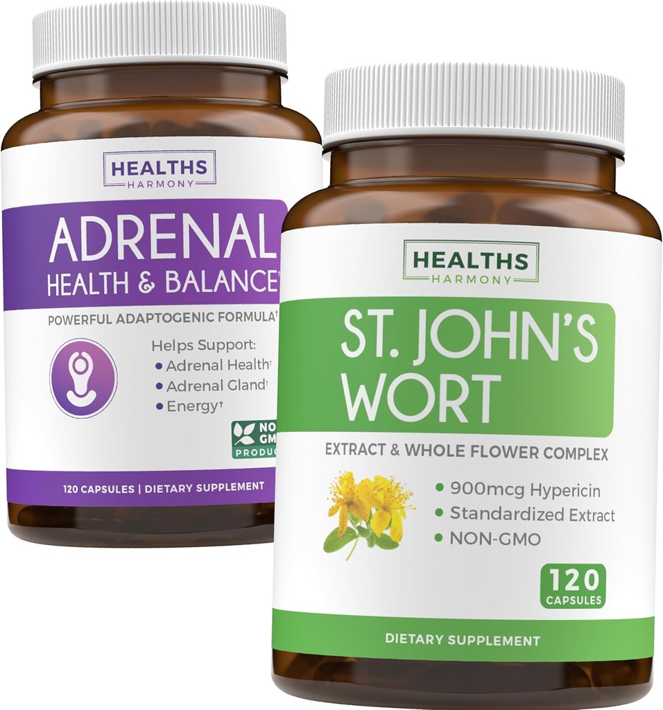 Adrenal & St. John's Wort (4-Month Supply) Mood Harmony Pack - Adrenal Support with L-Tyrosine (120 Capsules) & St. John's Wort with Powerfil 900mcg Hypericin 500mg per Capsule (120 Capsules)