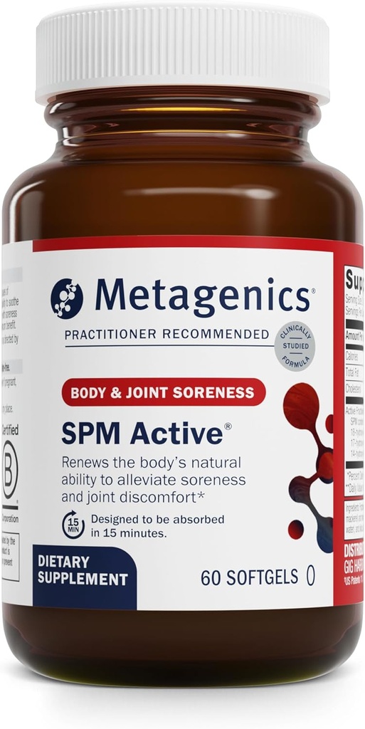 Métagène SPM Active - Médiateurs pro-resolution spécialisés à partir d'huiles marines - Soutient la réponse inflammatoire normale, la santé tissulaire, le confort articulaire, la santé immunitaire - Non-OGM et sans gluten - 60 Softgels