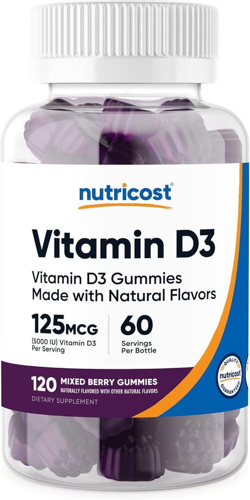Nutricost Vitamine D3 Gommies 5 000 UI (125 mcg), 120 Gommies - Mélange de baies aromatisées, 60 portions