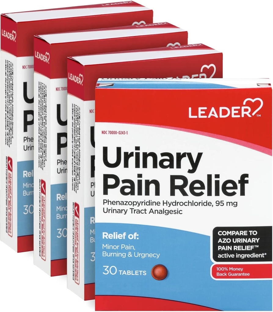 LEADER Soulagement de la douleur urinaire Résistance maximale, soulagement rapide de la douleur UTI, brûlure et urgence, soulagement de l'infection urinaire, chlorhydrate de Phénazopyridine 95 mg, 30 comprimés, 4-pack