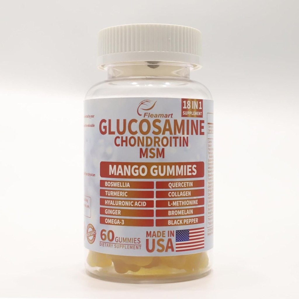 Glucosamine Chondroitin Gummies avec MSM 60 CT sans sucre Glucosamine Chondroitin Gummies Triple force pour la santé conjointe et le soutien immunitaire pour les adultes, les hommes et les femmes - Mango Flavor