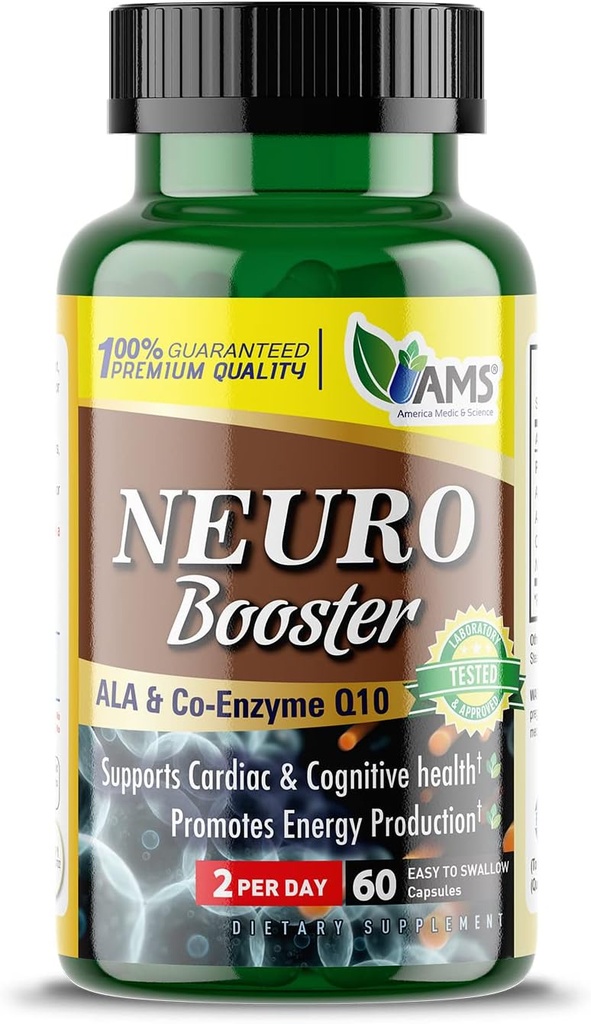 America Medic & Science Neuro Booster (60 Capsules)- Supplément nutritionnel pour la santé du cerveau-Pills vitaminiques pour une meilleure mémoire et une meilleure fonction cognitive avec Coenzyme Q10, ALA et acétyl L-Carnitine